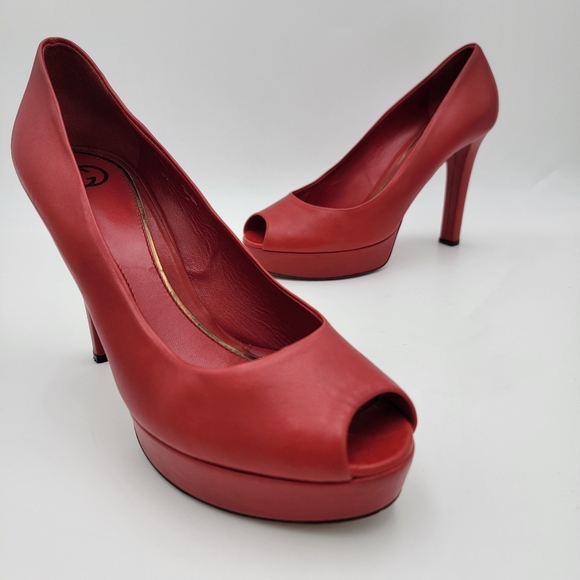 Gucci High Heel Peep Toe Red Leather 40 US 10 EUC - Picture 1 of 12